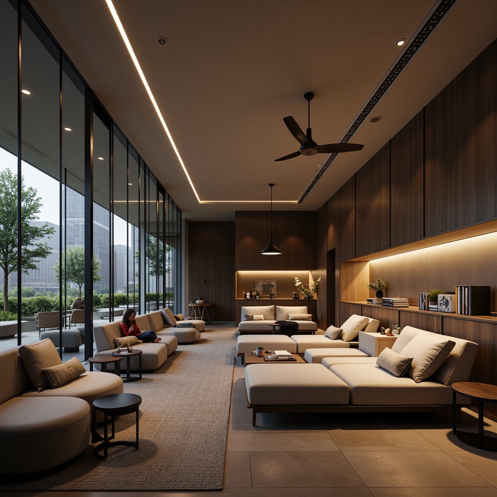 Prompt: Minimalist interior, modern furniture, sleek lines, neutral color palette, ambient lighting, floor-to-ceiling windows, natural daylight, soft warm glow, LED strips, recessed lighting, pendant lamps, industrial chic fixtures, polished metal accents, matte black shades, dimmable systems, energy-efficient solutions, cozy reading nooks, intimate conversation areas, 3/4 composition, shallow depth of field, realistic textures, subtle color grading.