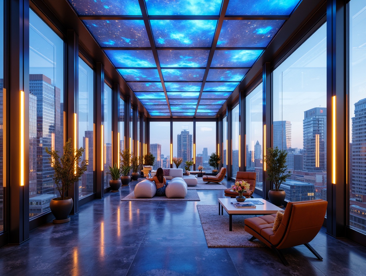 Prompt: Futuristic sunroom interior, transparent glass walls, minimalist metal frames, sleek automated blinds, vibrant neon accents, soft glowing LED lights, holographic projections, futuristic furniture designs, iridescent color scheme, shimmering silver tones, bold electric blue hues, warm golden lighting, subtle gradient effects, 3D-printed decorative elements, atmospheric misting systems, panoramic cityscape views, low-poly geometric patterns, ambient occlusion, high-tech gadget integration.