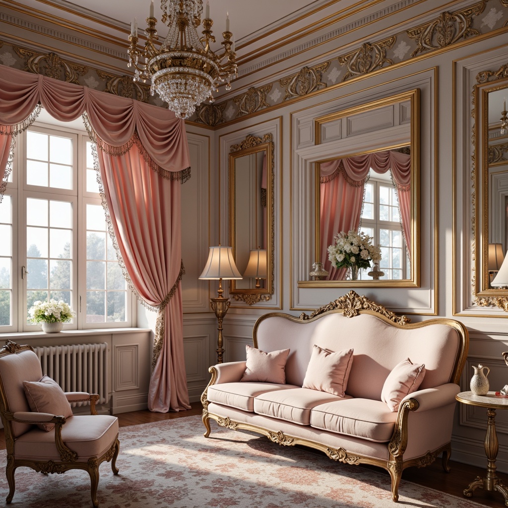 Prompt: Rich ornate furnishings, soft pastel hues, pale pink accents, gilded frames, intricate carvings, luxurious velvet fabrics, delicate lace patterns, crystal chandeliers, ornamental mirrors, lavish drapery, elegant curves, antique furniture pieces, warm candlelight, subtle sheen, high-contrast lighting, 1/1 composition, detailed textures, realistic reflections.