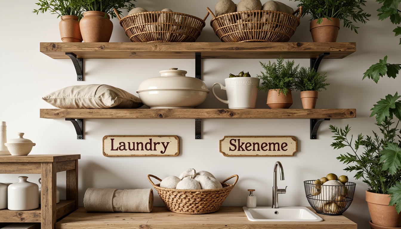 Prompt: Rustic wooden shelves, distressed finishes, soft cream colors, ornate metal brackets, vintage-inspired laundry signs, woven wicker baskets, natural linen fabrics, earthy terracotta pots, lush greenery, warm ambient lighting, 1/2 composition, soft focus effect, realistic textures, ambient occlusion.