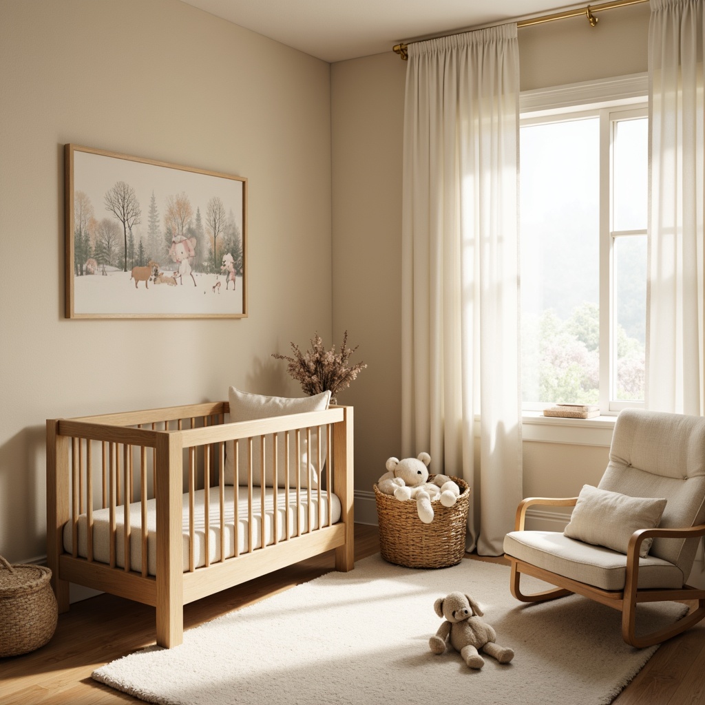 Prompt: Cozy baby nursery, soft plush toys, warm beige walls, natural wood crib, gentle lighting, creamy white curtains, pastel color palette, fluffy area rug, comfortable glider chair, soothing music, calming atmosphere, warm neutral tones, gentle patterned fabrics, cotton or linen materials, subtle sheen, velvety smooth textures, delicate lace trim, whimsical woodland creatures, serene forest scenery, peaceful morning light, shallow depth of field, 1/1 composition.