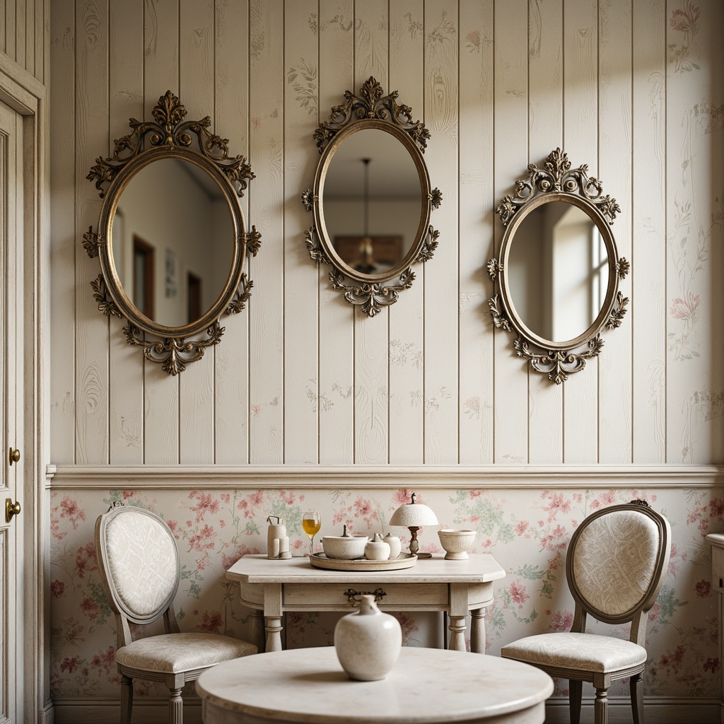 Prompt: Distressed wooden walls, soft pastel hues, vintage floral patterns, ornate mirrors, rustic metal accents, delicate lace trim, weathered stone textures, creamy whites, warm beige tones, subtle sheen finishes, feminine elegance, romantic ambiance, natural light pouring in, airy atmosphere, 1/1 composition, shallow depth of field, soft focus effect.