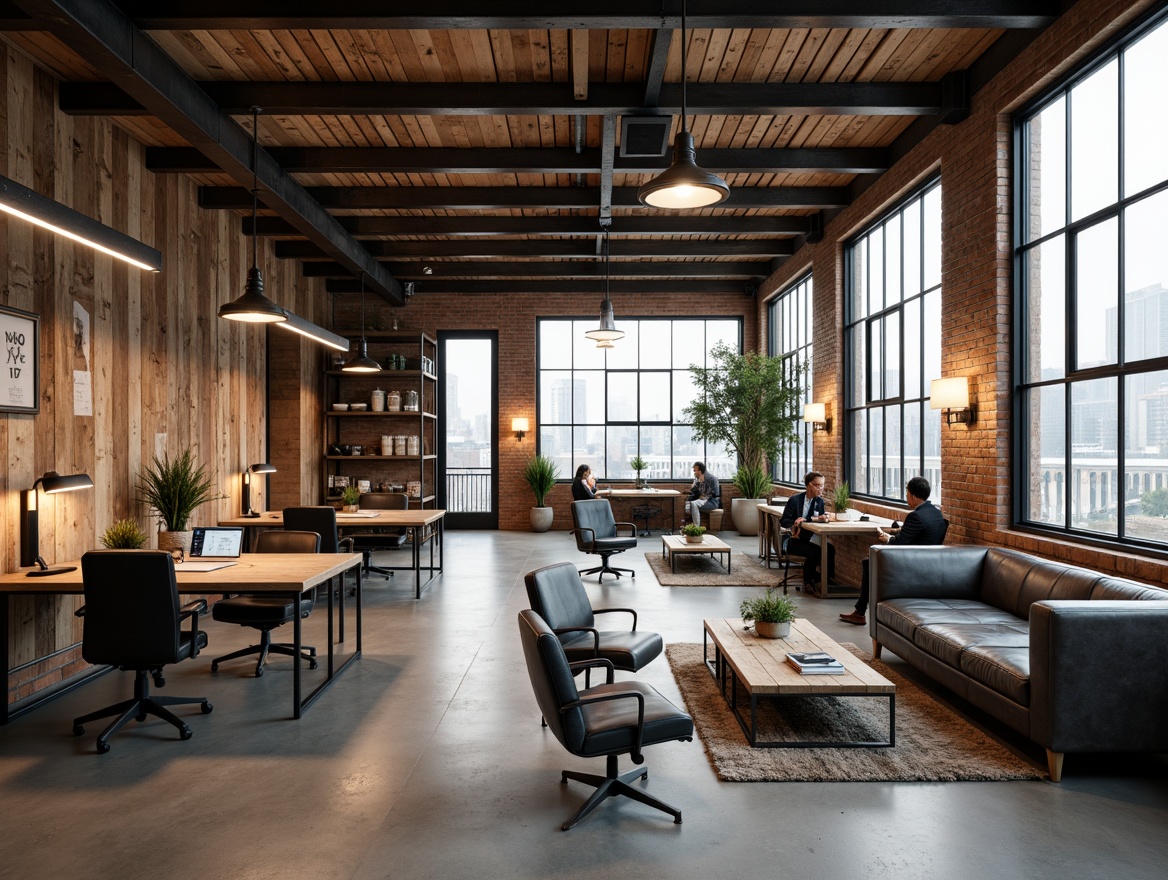 Prompt: Rustic industrial warehouse, reclaimed wood accents, metal beam ceilings, exposed brick walls, functional workstations, ergonomic office chairs, minimalist coffee tables, vintage factory lighting, distressed leather sofas, metallic shelving units, concrete flooring, urban cityscape views, cloudy day, softbox lighting, 1/1 composition, symmetrical framing, realistic material textures, subtle atmospheric fog.