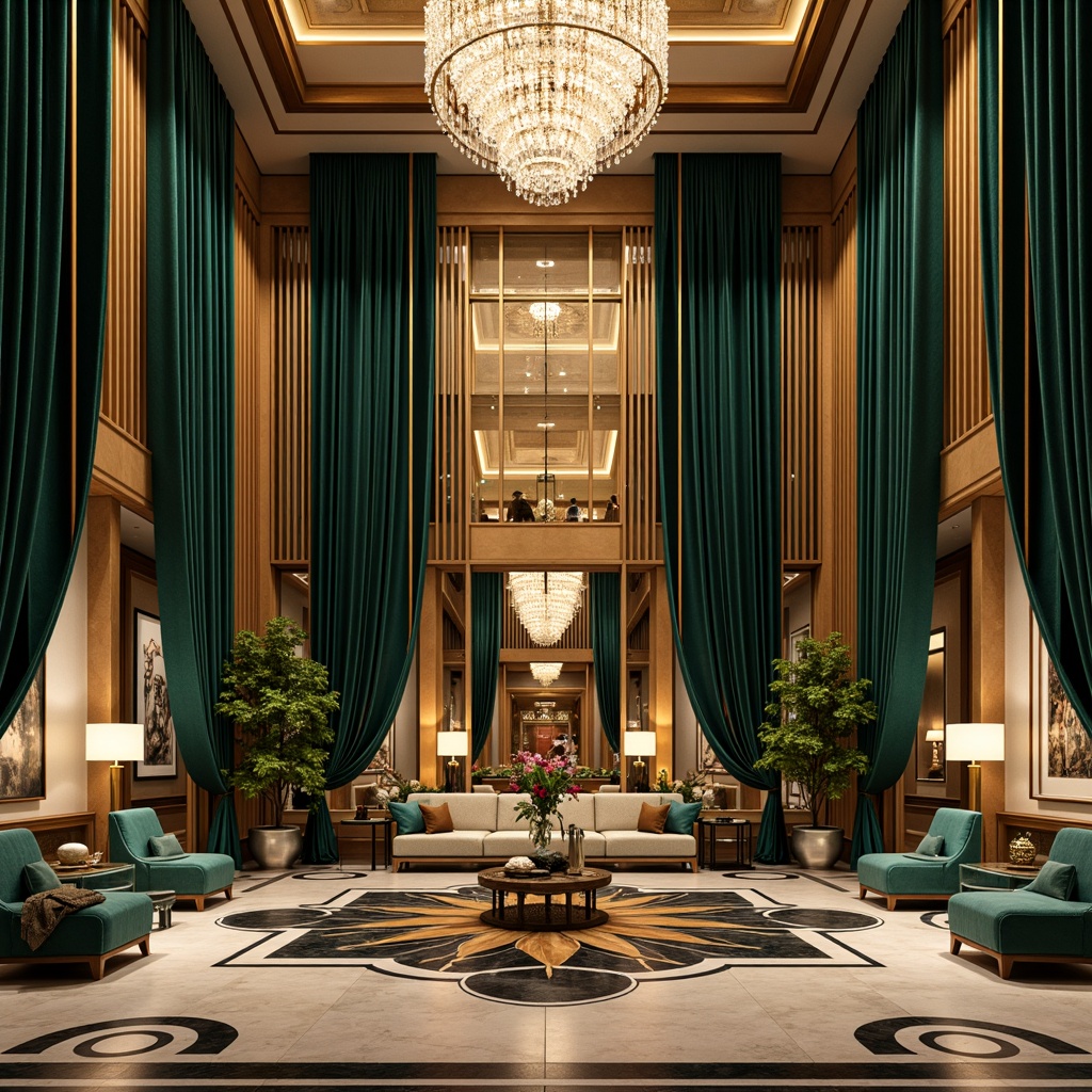 Prompt: Luxurious hotel lobby, rich jewel tones, metallic accents, ornate geometrics, lavish furnishings, velvet drapes, crystal chandeliers, polished marble floors, opulent gold leaf details, vibrant emerald green, deep navy blue, warm amber hues, sophisticated neutral beige, dramatic black and white contrasts, bold Art Deco patterns, glamorous vintage flair, soft warm lighting, high-contrast shadows, cinematic composition, realistic textures.