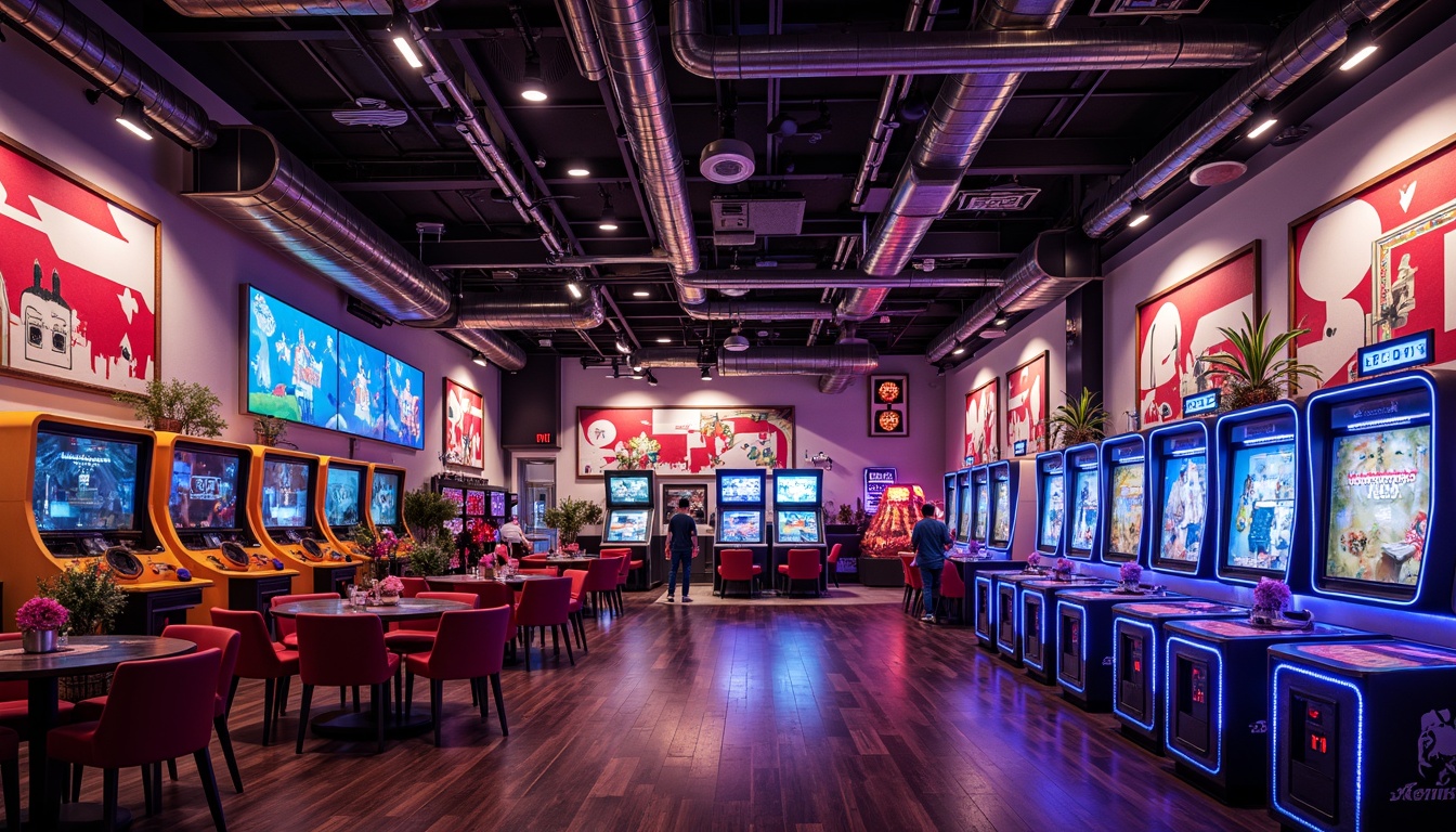 Prompt: Vibrant game room, neon-lit arcade machines, glowing LED lights, colorful ambient illumination, futuristic ceiling fixtures, sleek metal railings, bold geometric patterns, dynamic shadow effects, high-contrast lighting, warm cozy atmosphere, rich wood accents, plush gaming chairs, oversized screens, immersive surround sound systems, abstract art installations, eclectic decorative elements, modern industrial design.