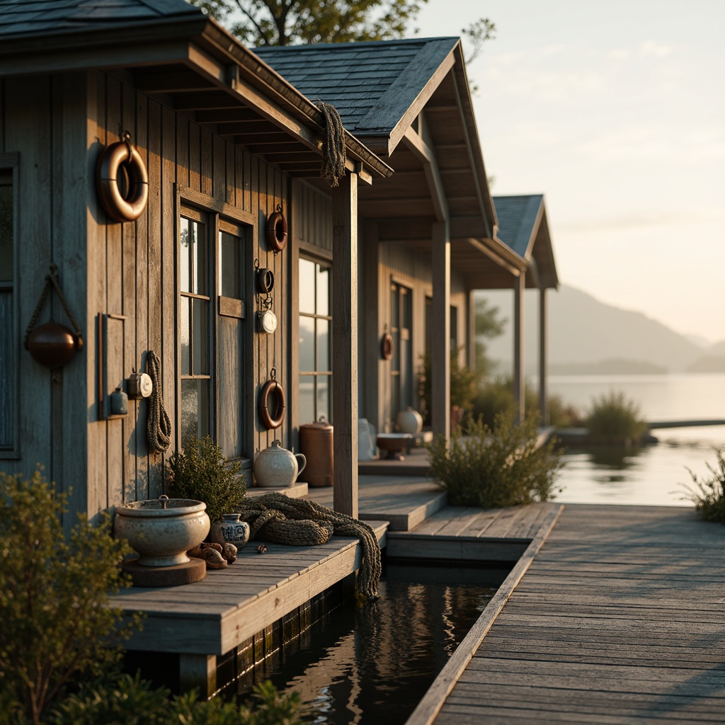 Prompt: Rustic boathouse, weathered wood textures, distressed finishes, nautical ropes, vintage anchors, faded life rings, soft misty morning, warm golden lighting, subtle color palette, earthy tones, mossy greens, driftwood grays, sky blues, creamy whites, wooden docks, tranquil lake views, serene atmosphere, 1/1 composition, soft focus, natural textures, ambient occlusion.