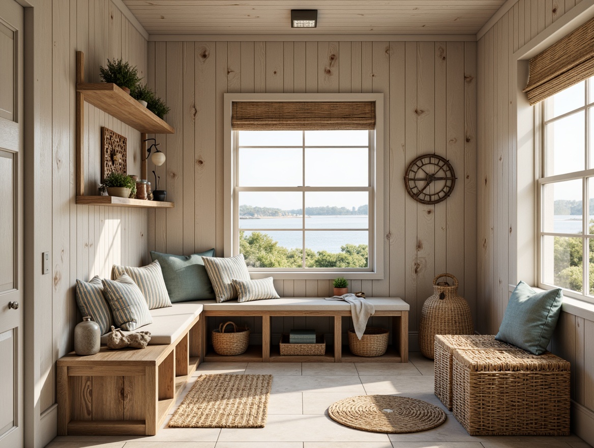 Prompt: Coastal mudroom, natural wood accents, earthy color palette, woven baskets, rattan furniture, nautical-themed decor, rustic metal shelving, distressed finishes, sandy textures, ocean-inspired artwork, functional storage benches, woven sea grass mats, driftwood decorative pieces, soft warm lighting, shallow depth of field, 1/1 composition, realistic textures, ambient occlusion.