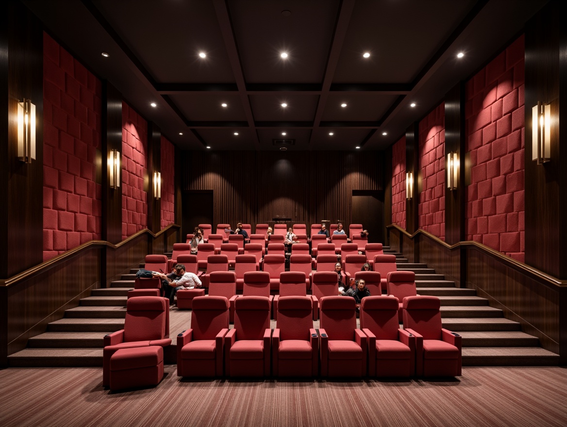 Prompt: Luxurious cinema interior, plush velvet seats, rich wood paneling, sound-absorbing acoustic panels, diffused ceiling lighting, minimal reverberation time, optimized speaker placement, precise sound calibration, immersive audio experience, cinematic ambiance, darkened theater, subtle color scheme, tactile upholstery, premium materials, sophisticated architectural design, grand scale, dramatic entrance, opulent lobby, state-of-the-art technology integration.