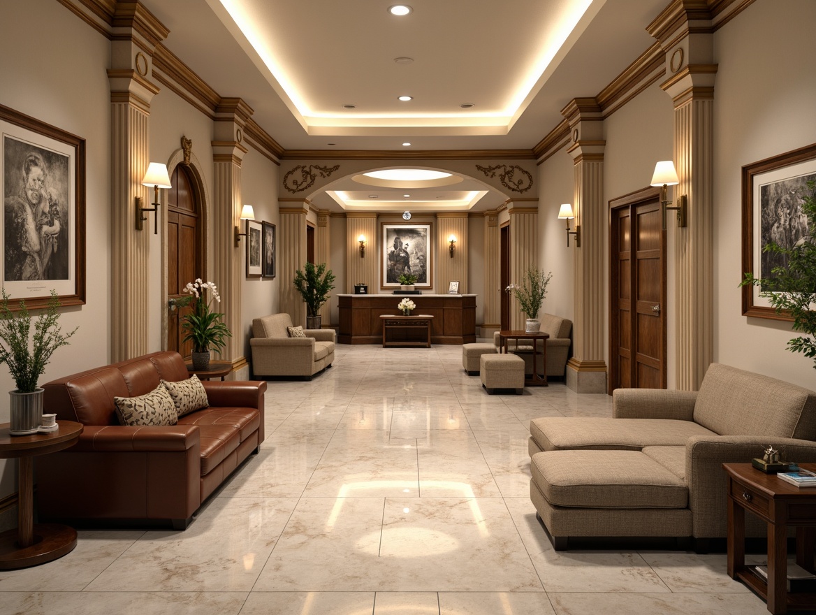 Prompt: Elegant clinic interior, classicism style, ornate columns, carved wooden paneling, intricate moldings, neutral color palette, soft warm lighting, comfortable waiting areas, luxurious leather sofas, polished marble floors, decorative ceiling details, subtle archways, rounded doorframes, elegant sconces, rich textiles, sophisticated furniture pieces, refined accessories, serene ambiance, shallow depth of field, 1/1 composition, realistic textures, ambient occlusion.