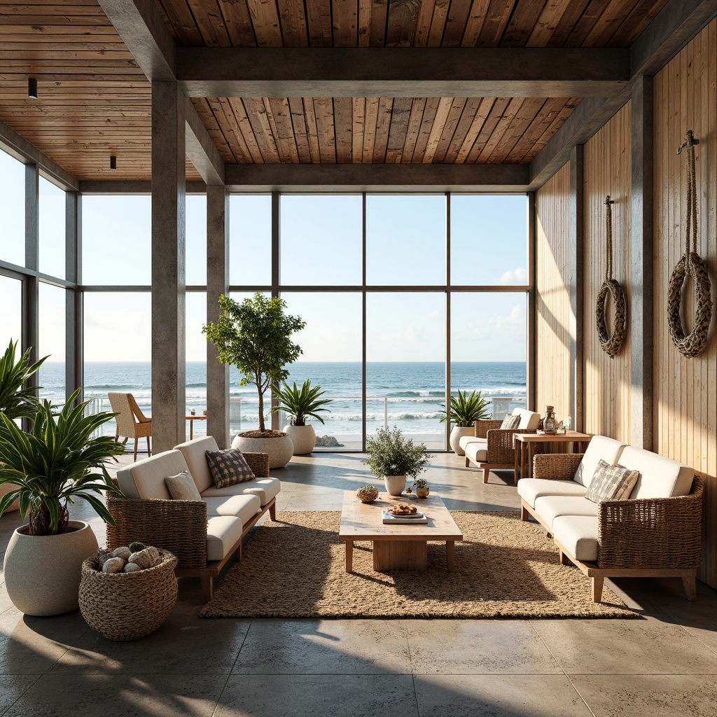 Prompt: Coastal-themed waiting area, beachy vibe, natural wood accents, nautical ropes, distressed finishes, ocean-inspired color palette, calming ambiance, soft warm lighting, comfortable seating areas, driftwood benches, woven wicker furniture, coral-patterned rugs, tropical plants, floor-to-ceiling windows, stunning ocean views, modern minimalist architecture, industrial-style metal beams, reclaimed wood ceilings, subtle shell decorations, refreshing sea breeze, 1/2 composition, realistic textures, ambient occlusion.