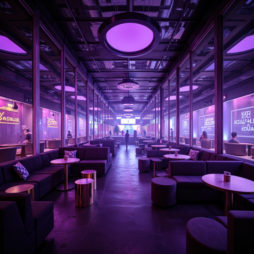 Prompt: Luxurious nightclub interior, dimmed purple lighting, sleek black floors, velvet sofas, metallic stools, circular VIP tables, raised DJ booths, strobe lights, fog machines, dance floor, mirrored ceilings, LED wall displays, neon signs, futuristic architecture, high-ceilinged spaces, intimate lounges, cozy corners, plush carpeting, sound-absorbing materials, immersive audio systems, dynamic lighting rigs, 1/2 composition, shallow depth of field, vibrant colorful accents.