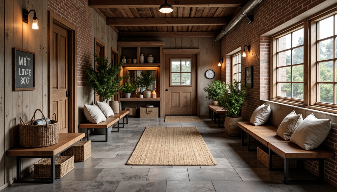 Prompt: Rustic mudroom, industrial-style benches, distressed wood frames, metal legs, worn leather cushions, vintage-inspired lighting fixtures, reclaimed wood walls, exposed brick accents, earthy tone color scheme, natural stone flooring, woven baskets, potted greenery, wooden crates, metal decorative signs, warm ambient lighting, shallow depth of field, 1/2 composition, realistic textures, soft focus effect.