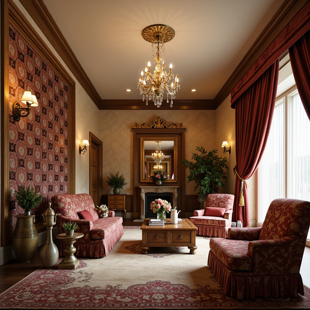 Prompt: Luxurious traditional living room, rich velvet fabrics, intricate embroidery patterns, heavy drapery, ornate furniture, carved wood accents, warm beige walls, soft golden lighting, plush area rugs, antique vases, classic floral arrangements, elegant crystal chandeliers, refined upholstery, subtle sheen, 1/1 composition, shallow depth of field, realistic textures.