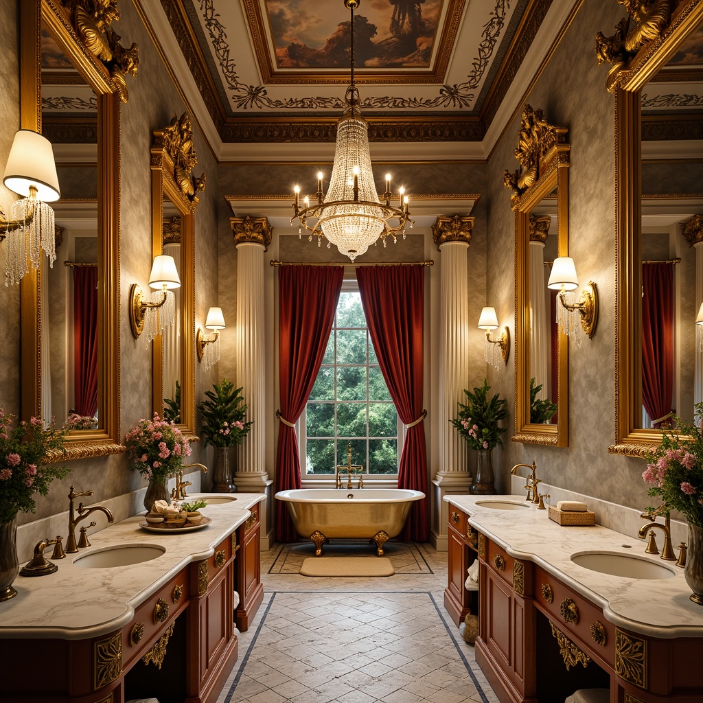 Prompt: Ornate golden fixtures, marble countertops, lavish chandeliers, crystal sconces, regal mirrors, freestanding tubs, intricate tile mosaics, frescoed ceilings, ornamental columns, velvet drapes, Baroque-inspired carvings, antique bronze faucets, luxurious satin fabrics, warm ambient lighting, soft focus, shallow depth of field, 1/2 composition, realistic textures, subtle glow effects.