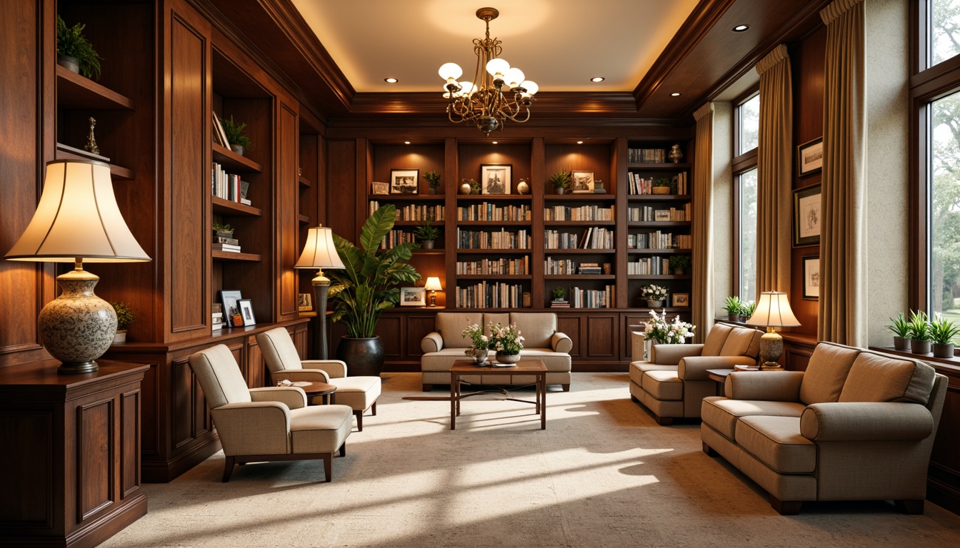 Prompt: Warm and inviting transitional style library, comfortable reading nooks, rich wood accents, plush carpeted floors, tall shelves with classic book collections, elegant chandeliers, soft warm lighting, table lamps with cream shades, floor lamps with bronze finishes, natural stone walls, earthy color palette, cozy atmosphere, warm beige tones, creamy whites, subtle texture overlays, realistic material details, shallow depth of field, 1/2 composition, intimate mood, soft focus effect.