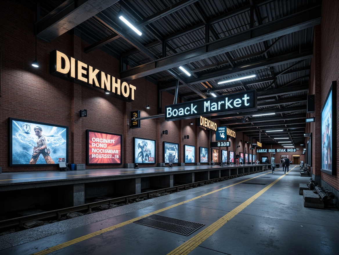 Prompt: Industrial metro station, exposed brick walls, steel beams, urban signage, bold typography, neon lights, futuristic advertisements, dynamic LED displays, modern information boards, metallic pillars, concrete flooring, urban decay textures, dramatic shadows, high-contrast lighting, 1/2 composition, low-angle shot, realistic reflections, ambient occlusion.