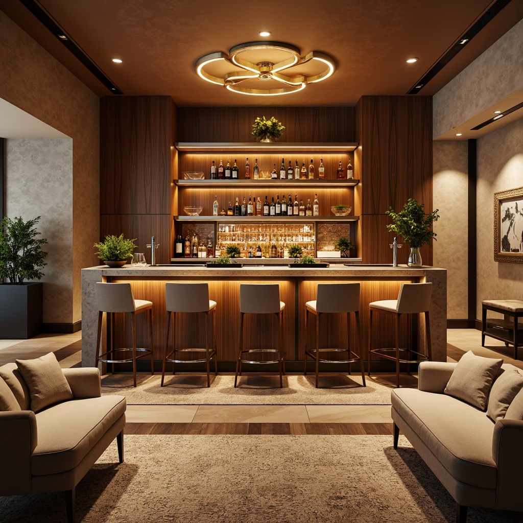 Prompt: Luxurious home bar, rich wood tones, polished metal accents, sleek glass shelves, LED ambient lighting, textured stone countertops, warm beige walls, plush area rugs, modern minimalist furniture, chrome fixtures, geometric patterned backsplash, atmospheric dimmable lights, 1/2 composition, shallow depth of field, realistic reflections, soft warm glow.