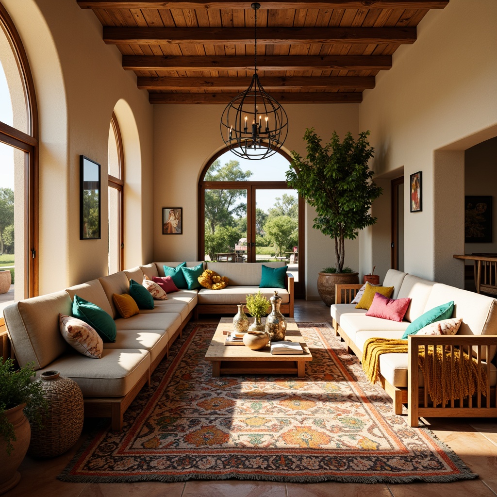 Prompt: Cozy family room, warm beige walls, rustic wooden furniture, plush throw blankets, soft velvet pillows, ornate metal lanterns, colorful ceramic vases, vibrant turquoise accents, natural woven textiles, chunky wool rugs, earthy terracotta floors, large windows, abundant sunlight, Mediterranean-inspired patterns, intricate geometric motifs, lush green plants, warm golden lighting, 1/1 composition, shallow depth of field, realistic textures.