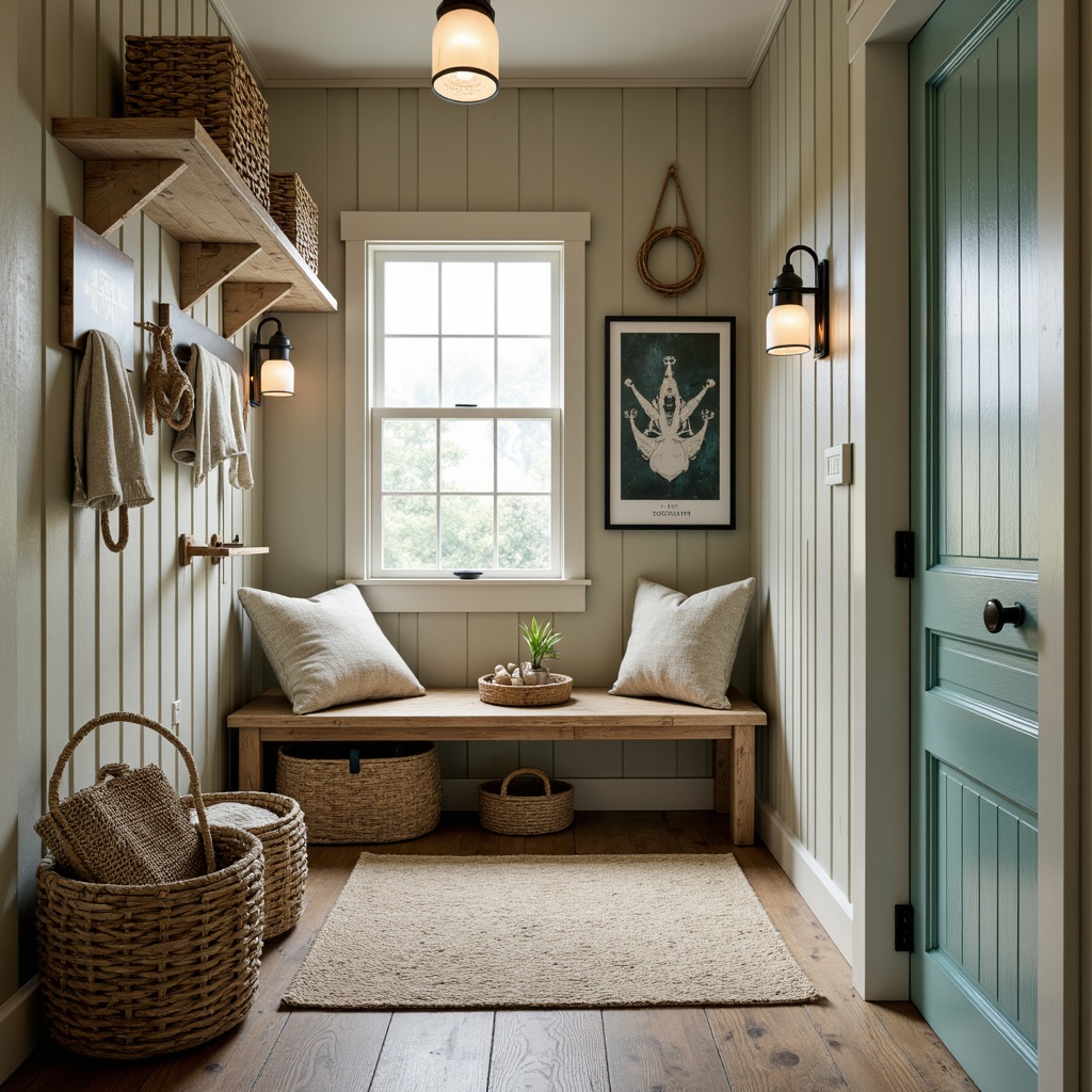 Prompt: Coastal mudroom, natural textures, driftwood accents, soft blue-green color palette, nautical ropes, woven baskets, shell decorations, ocean-inspired artwork, warm beige walls, distressed wood floors, rustic metal fixtures, industrial-style pendant lights, frosted glass lanterns, soft diffused lighting, ambient glow, 3/4 composition, shallow depth of field, realistic textures, atmospheric fog effect.