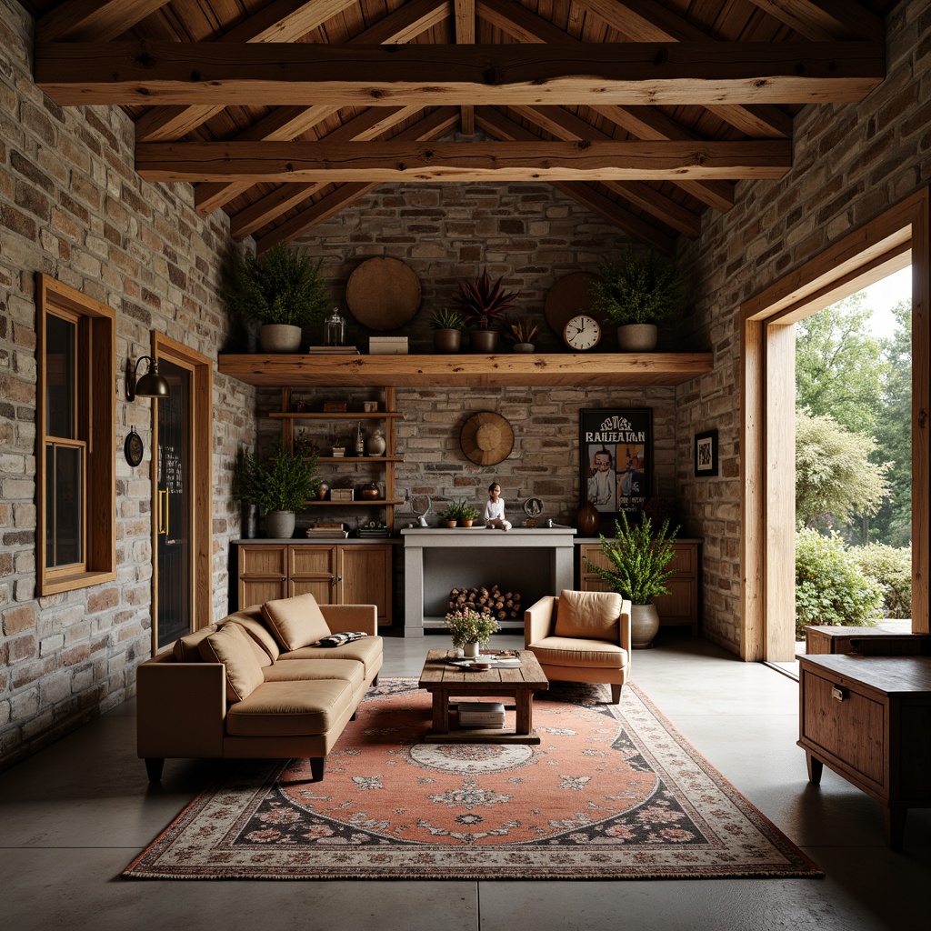 Prompt: Rustic family garage, reclaimed wood accents, distressed finishes, earthy color palette, natural stone walls, exposed brick, wooden beams, metal lanterns, vintage signage, worn leather furniture, cozy textiles, soft warm lighting, shallow depth of field, 1/1 composition, intimate atmosphere, realistic textures, ambient occlusion.