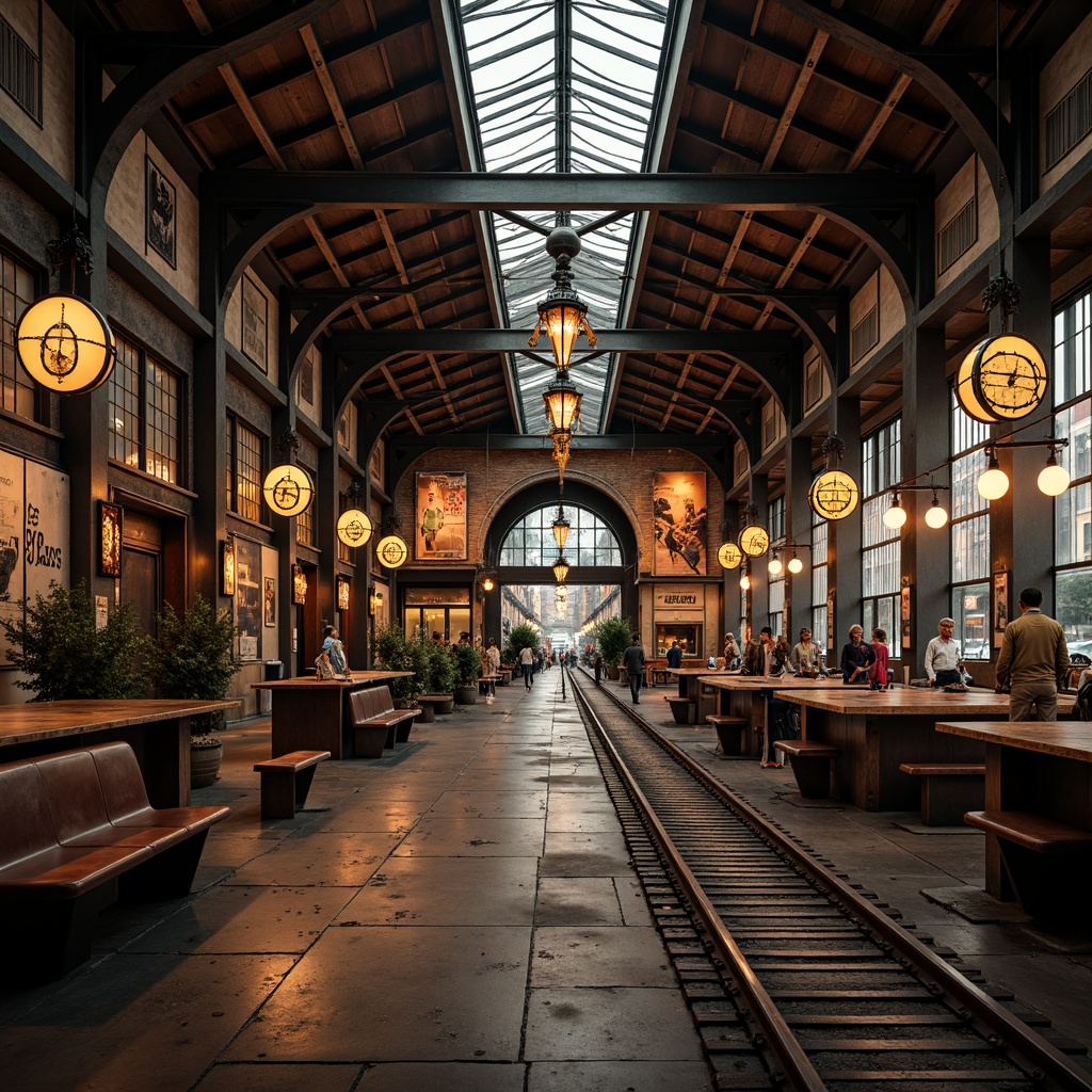 Prompt: Rustic train station, industrial atmosphere, exposed wooden beams, metal pillars, distressed brick walls, vintage luggage racks, old-fashioned clock towers, dimly lit platforms, steam engine displays, nostalgic advertisements, worn leather benches, steel track rails, urban cityscape, overcast sky, warm golden lighting, shallow depth of field, 1/1 composition, symmetrical framing, realistic textures, ambient occlusion.