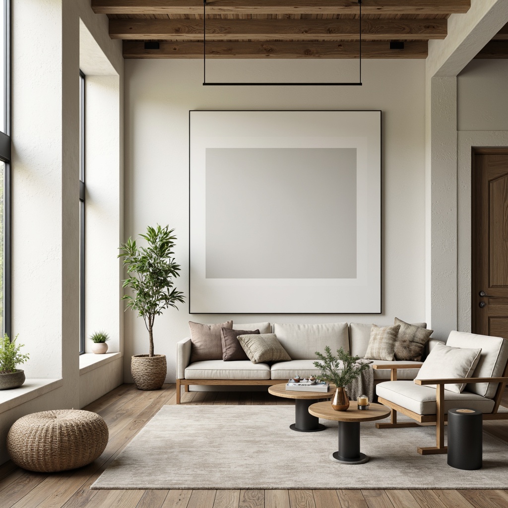 Prompt: Monochromatic interior, soft creamy whites, gentle beiges, warm grays, subtle taupes, sleek metal accents, matte black outlines, minimalist decor, sparse greenery, natural textiles, reclaimed wood floors, industrial-chic concrete walls, ample negative space, soft diffused lighting, 1/1 composition, shallow depth of field.