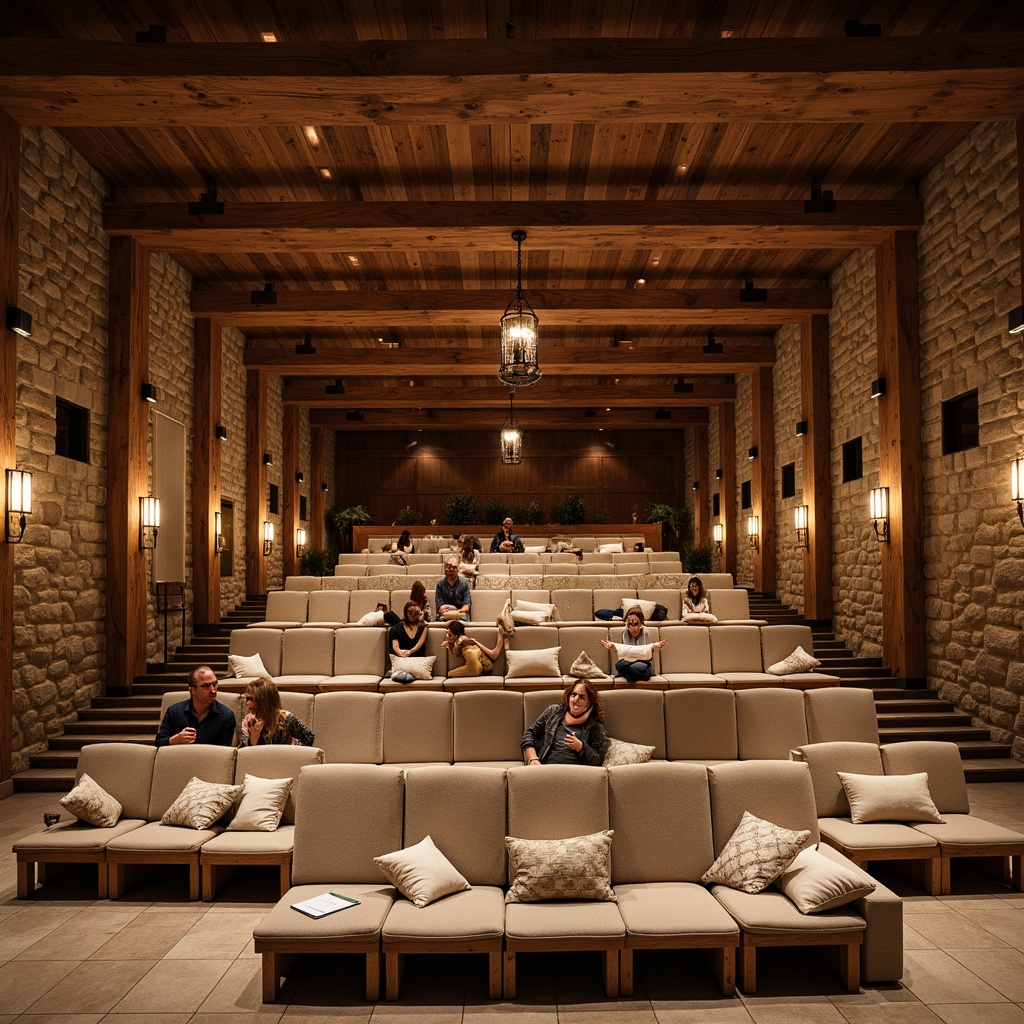 Prompt: Rustic auditorium, wooden beam ceiling, stone walls, earthy color palette, comfortable seating arrangement, tiered rows, plush cushions, natural fabric upholstery, reclaimed wood benches, metal accents, warm ambient lighting, lantern-style chandeliers, cozy atmosphere, intimate setting, 3/4 composition, soft focus, shallow depth of field.