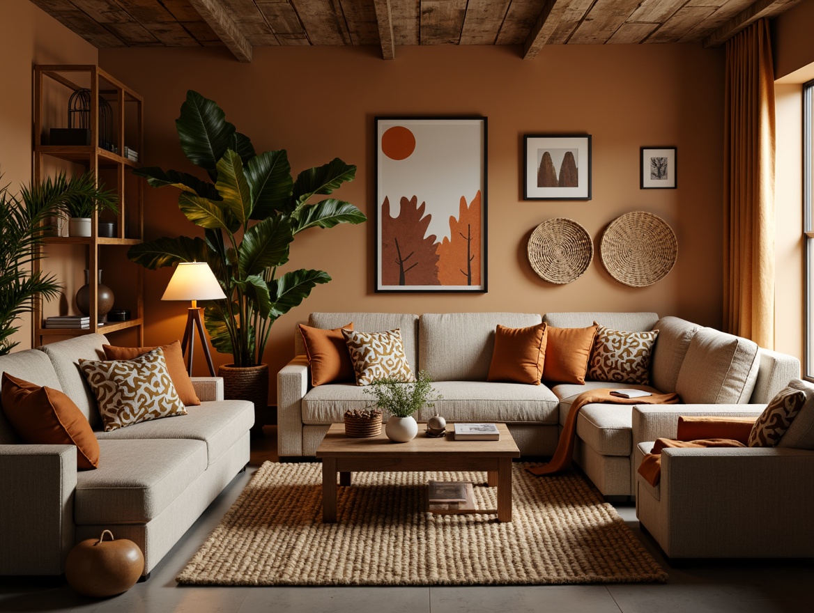 Prompt: Cozy living room, plush sofas, soft cushions, warm throws, woven baskets, natural fiber rugs, earthy color palette, organic textures, subtle patterns, comfortable seating areas, floor lamps, table lamps, warm ambient lighting, shallow depth of field, 1/2 composition, realistic fabrics, detailed stitching, vibrant accent walls, eclectic decorative pieces.