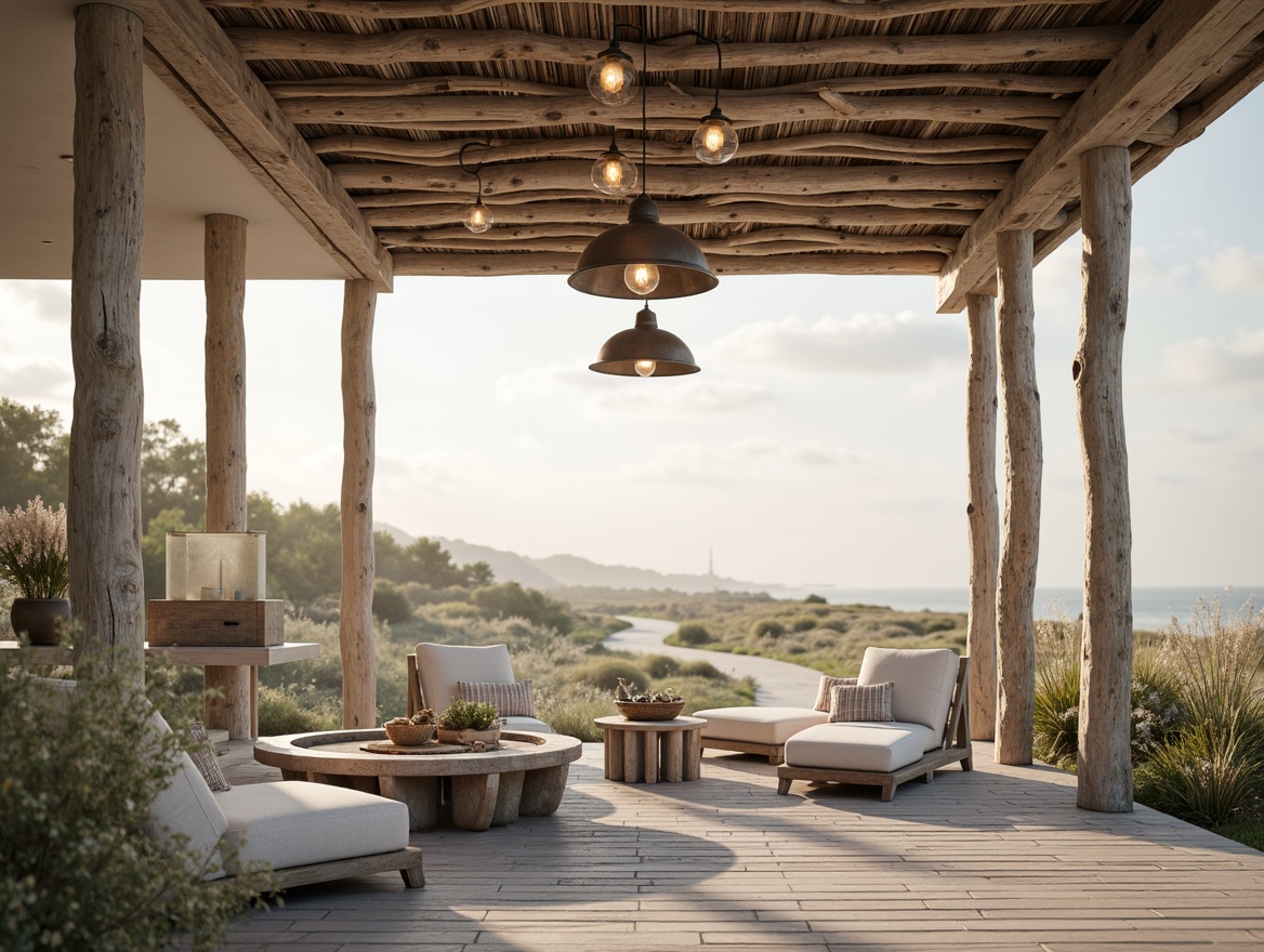 Prompt: Coastal ambiance, beachside villa, driftwood accents, sea-salt air, soft warm glow, pendant lanterns, rustic metal shades, nautical rope details, frosted glass diffusers, weathered wood finishes, ocean-inspired colors, calming blue hues, creamy whites, sandy neutrals, natural textures, woven fibers, ambient occlusion, shallow depth of field, 1/1 composition, warm sunny day, gentle sea breeze.