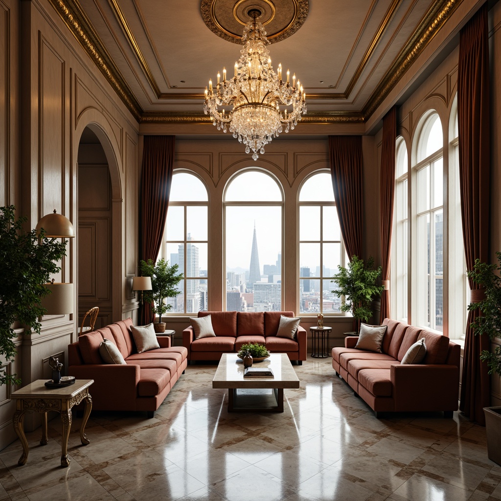 Prompt: Luxurious penthouse, neoclassical architecture, ornate moldings, crystal chandeliers, marble floors, velvet sofas, gilded armchairs, intricately carved wooden tables, lavish drapes, majestic city views, floor-to-ceiling windows, soft warm lighting, shallow depth of field, 1/2 composition, realistic textures, ambient occlusion, rich wood tones, elegant furnishings, sophisticated color palette.