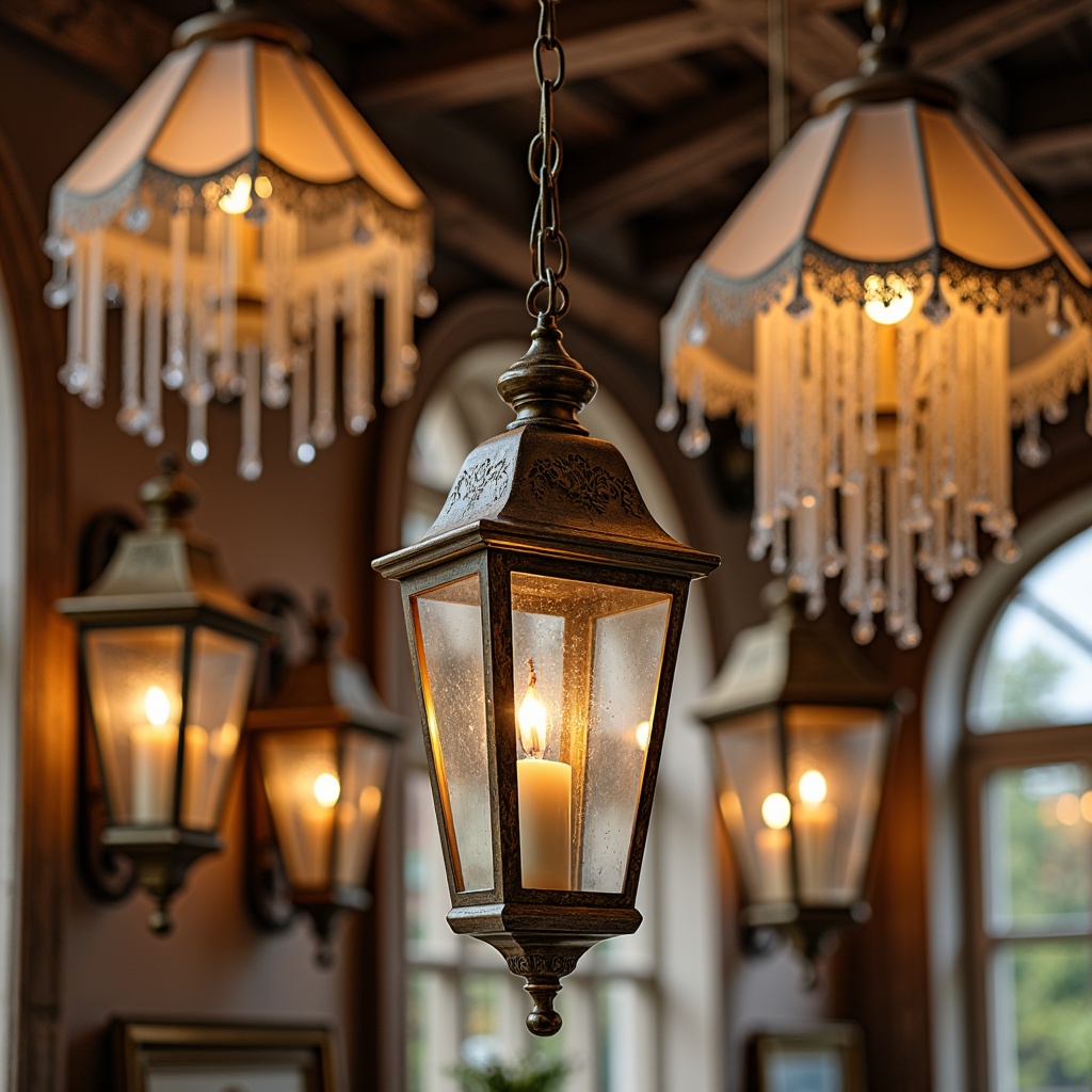 Prompt: Distressed wooden chandeliers, vintage metal lanterns, soft warm candlelight, ornate crystal droplets, rustic bronze sconces, elegant linen shades, antique mercury glass pendants, delicate lace details, feminine pastel hues, whimsical floral patterns, distressed finishes, natural fabrics, earthy tones, romantic ambiance, warm glow, soft focus, 1/1 composition, intimate atmosphere.