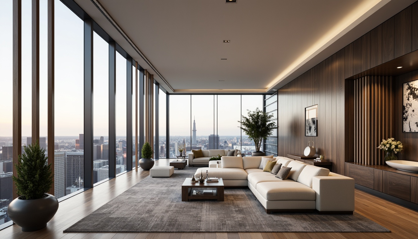 Prompt: Luxurious penthouse, sleek modern design, floor-to-ceiling windows, breathtaking cityscape views, lavish furnishings, rich wood accents, sophisticated neutral tones, creamy whites, deep charcoal grays, warm beige, metallic chrome finishes, ambient soft lighting, 3/4 composition, panoramic view, realistic textures, subtle gradient effects.