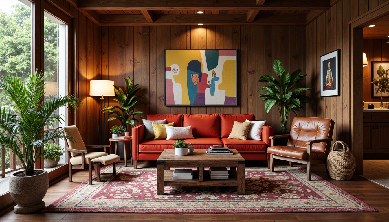 Prompt: Vibrant eclectic living room, rich wood tones, plush velvet sofa, distressed leather armchair, reclaimed wooden coffee table, colorful Moroccan tiles, abstract art pieces, industrial metal lamps, woven rattan baskets, lush green plants, soft warm lighting, shallow depth of field, 1/1 composition, realistic textures, ambient occlusion.