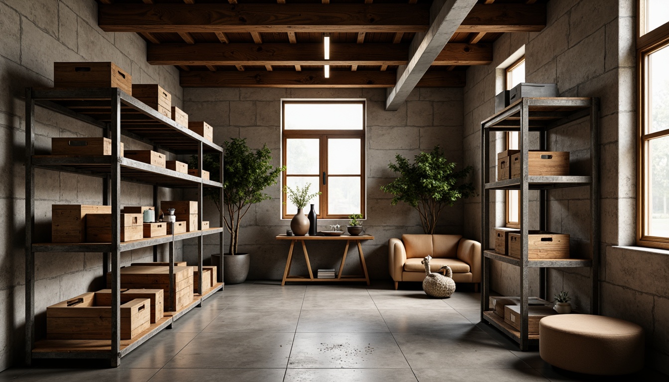 Prompt: Cozy storage room, industrial shelving units, metal racks, wooden crates, concrete flooring, exposed brick walls, minimalist decor, warm ambient lighting, soft shadows, 1/1 composition, realistic textures, ambient occlusion.