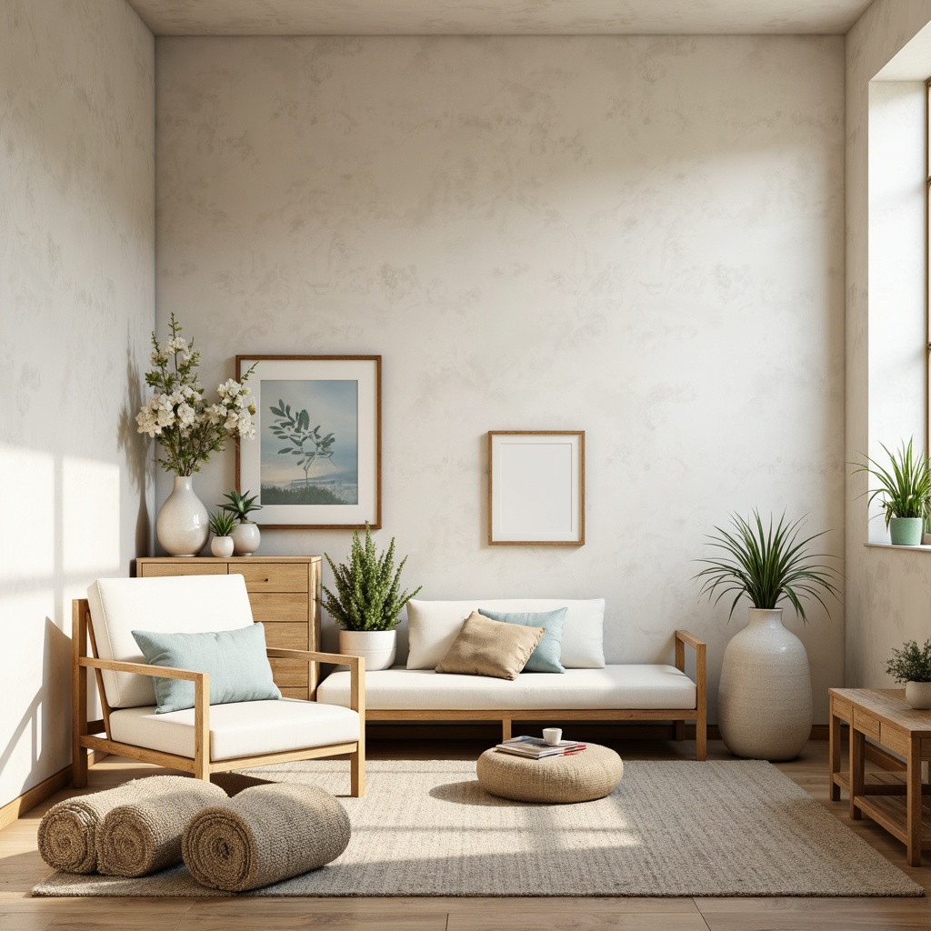 Prompt: Soft whispering walls, creamy whites, gentle beiges, calming blues, muted greens, soothing pastels, natural wood accents, woven textiles, plush carpets, minimalist decor, airy atmosphere, filtered sunlight, warm ambient lighting, shallow depth of field, 1/2 composition, relaxed mood, peaceful ambiance.