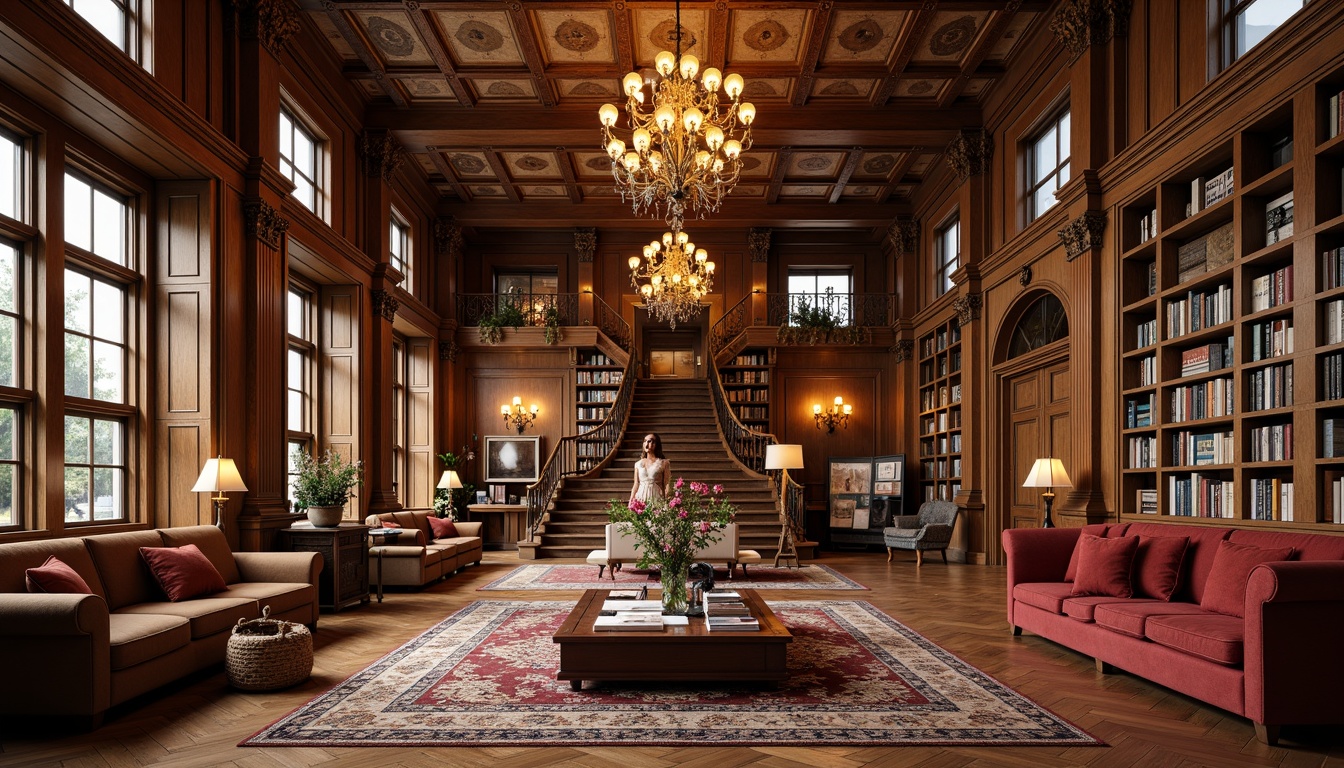 Prompt: Opulent bookstore interior, rich wood tones, ornate furnishings, intricately patterned rugs, lavish chandeliers, Baroque-style architectural details, grand staircase, polished marble flooring, inlaid wooden floors, antique-inspired furniture, velvet drapes, warm golden lighting, dramatic high ceilings, ornate mirrors, gilded accents, luxurious textiles, richly colored walls, comfortable reading nooks, elegant display shelves, classic literary works, sophisticated ambiance, soft focus photography, 1/2 composition, warm color palette.