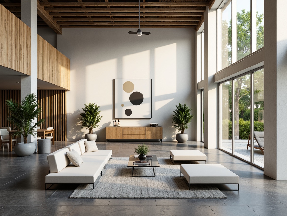 Prompt: Minimalist living room, high ceilings, floor-to-ceiling windows, natural light pouring in, airy atmosphere, sleek modern furniture, low-profile sofas, transparent coffee tables, floating shelves, industrial metal beams, polished concrete floors, greenery walls, potted plants, abstract artwork, soft warm lighting, shallow depth of field, 1/1 composition, realistic textures, ambient occlusion.