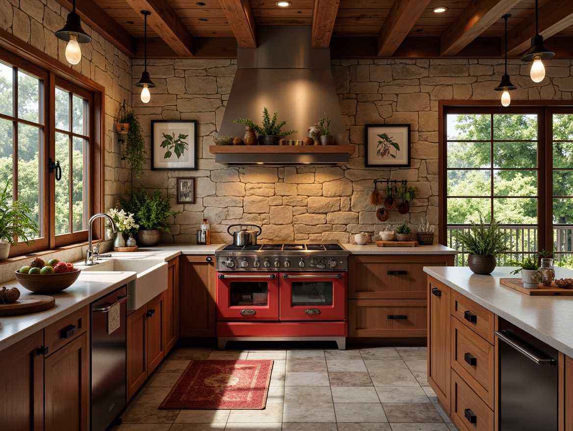 Prompt: Rustic Craftsman kitchen, natural stone backsplash, earthy tones, warm wood cabinets, ornate metal hardware, traditional cooking range, brick red accents, ceramic tile flooring, pendant lighting fixtures, botanical prints, greenery adorned windows, soft warm glow, shallow depth of field, 1/2 composition, realistic textures, ambient occlusion.Please let me know if this meets your requirements or if I need to make any adjustments!