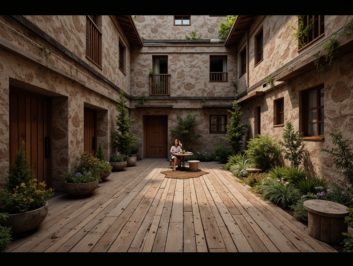 Prompt: Rustic wooden planks, weathered stone walls, distressed metal accents, rough-hewn brick facades, organic natural forms, earthy color palette, tactile sensations, immersive experiences, warm ambient lighting, shallow depth of field, 3/4 composition, panoramic view, realistic textures, ambient occlusion.