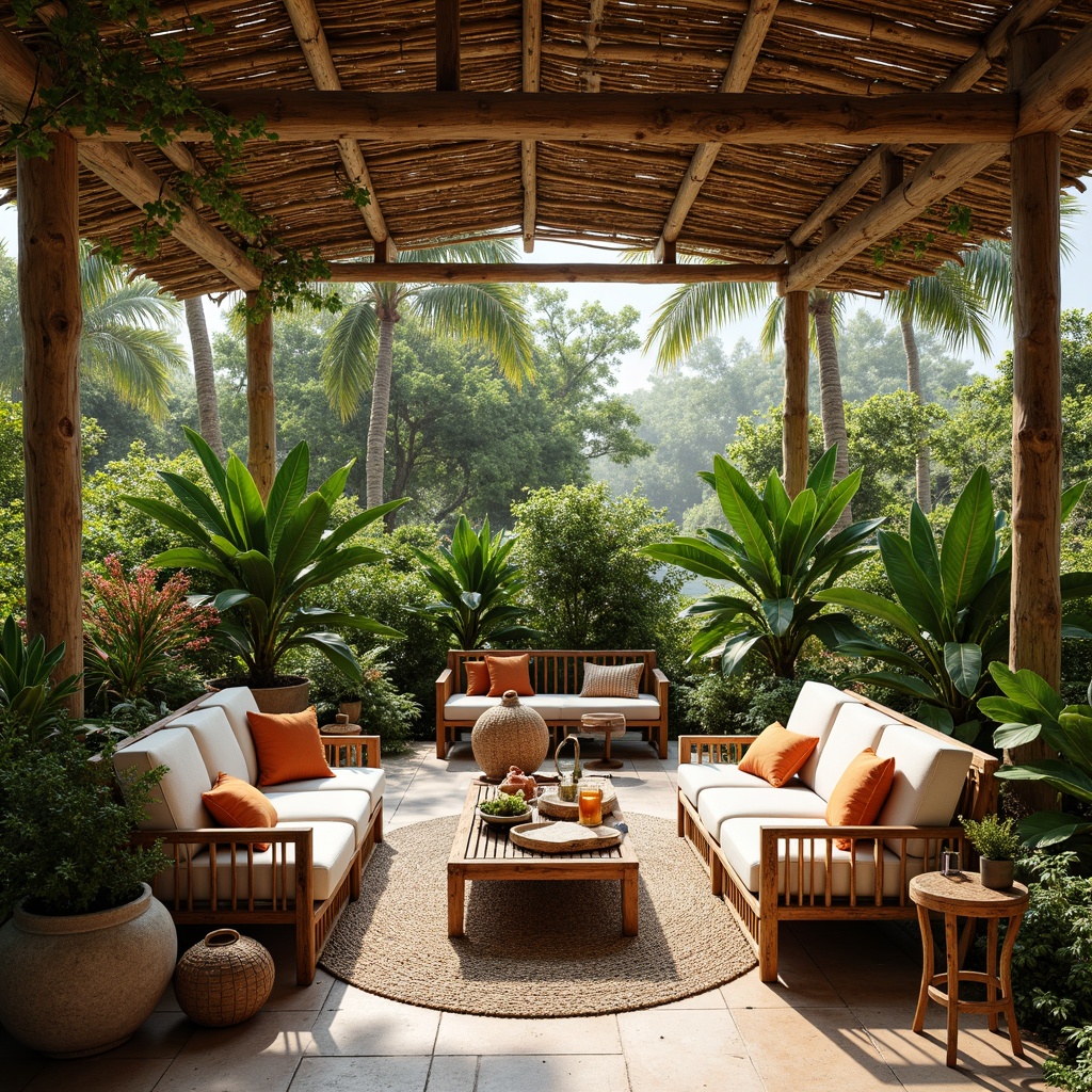 Prompt: Vibrant tropical garden, exotic plants, natural wood accents, rattan furniture, woven textiles, bold color palette, coastal decor, beach-inspired accessories, distressed finishes, reclaimed wood, bamboo elements, organic shapes, open-air pavilion, lush greenery, warm sunny day, soft diffused lighting, 1/1 composition, atmospheric perspective.