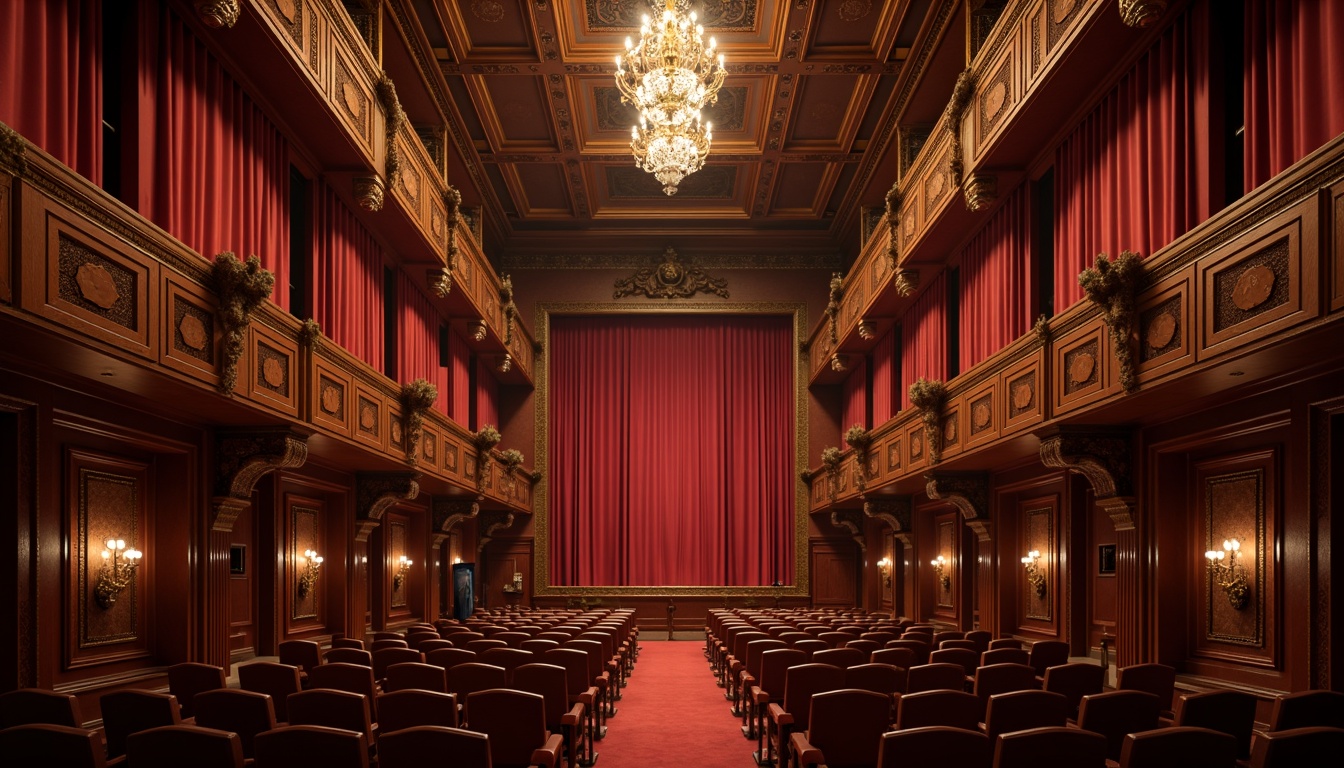 Prompt: Luxurious velvet curtains, rich wood tones, ornate golden details, soft warm lighting, intimate ambiance, red carpeted aisles, plush seating areas, decorative ceiling patterns, crystal chandeliers, dramatic stage lighting, 1/1 composition, shallow depth of field, cinematic color grading, realistic textures, ambient occlusion.