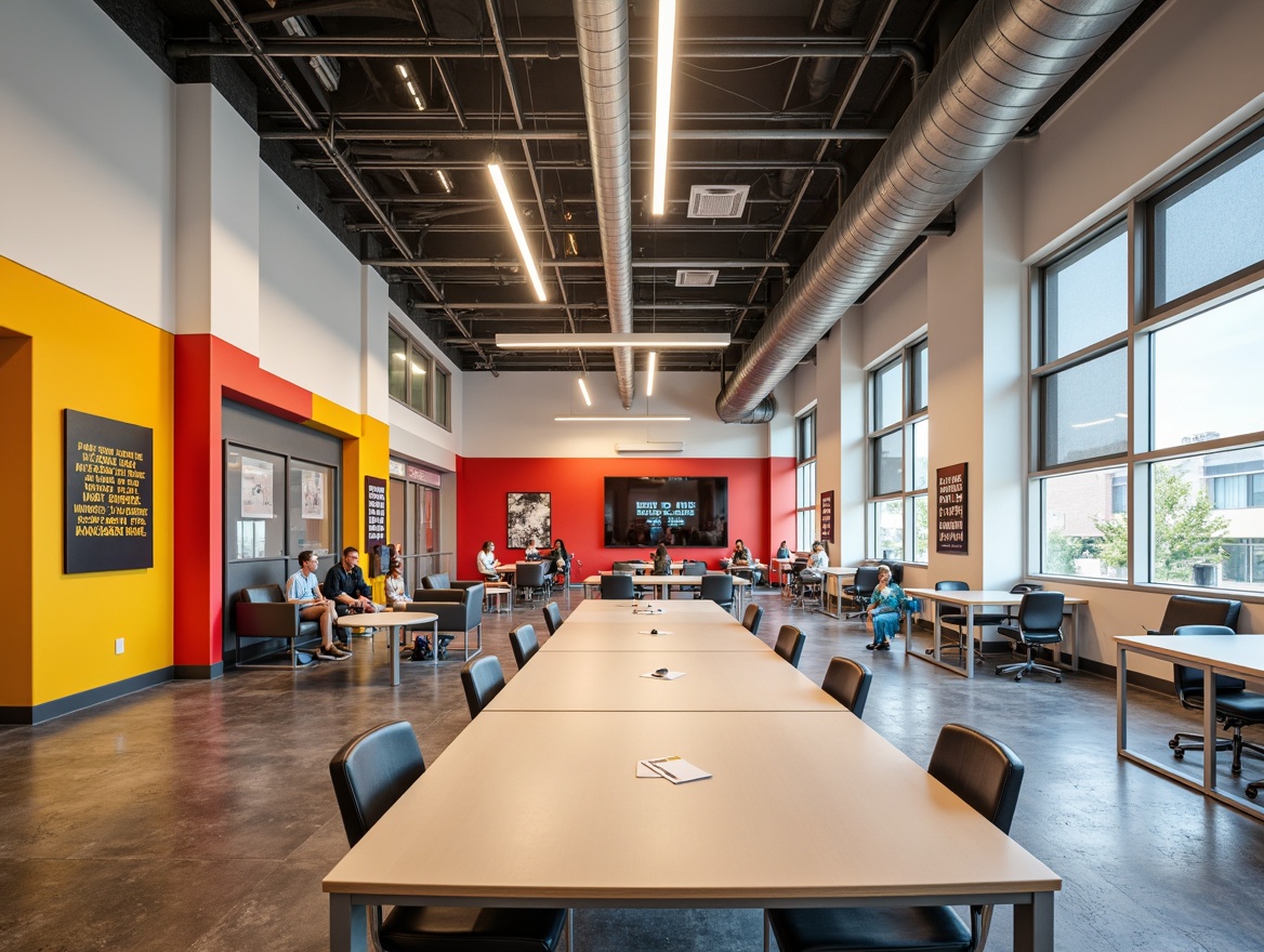 Prompt: Vibrant high school interior, youthful energy, dynamic color scheme, bold accent walls, calming neutral tones, inspirational quotes, motivational posters, collaborative learning spaces, modern furniture designs, ergonomic chairs, flexible seating arrangements, abundant natural light, soft warm lighting, shallow depth of field, 3/4 composition, panoramic view, realistic textures, ambient occlusion.