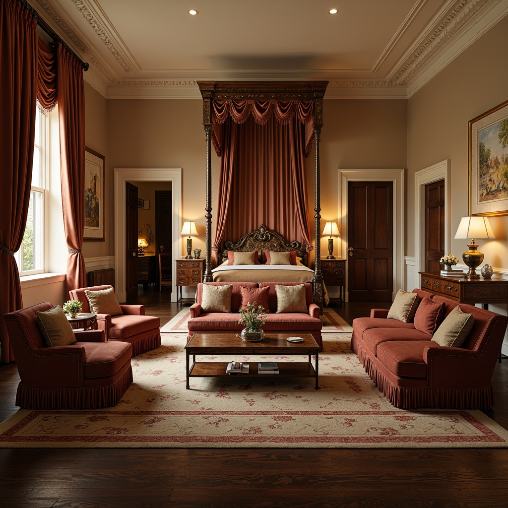 Prompt: Richly upholstered armchairs, ornate wooden tables, intricately carved cabinets, plush velvet sofas, antique bronze lamps, majestic four-poster beds, heavily draped curtains, luxurious silk fabrics, warm beige walls, dark hardwood floors, soft golden lighting, elegant crown molding, symmetrical composition, realistic textures, ambient occlusion.