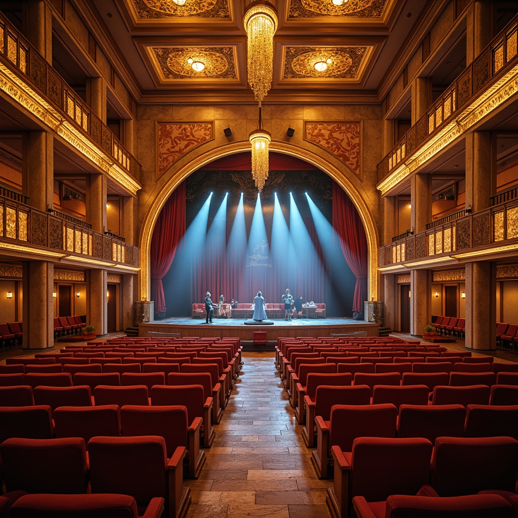 Prompt: Grand amphitheater interior, tiered seating, ornate architectural details, warm golden lighting, soft glowing spotlights, dynamic LED light strips, vibrant color-changing effects, shimmering fabric drapes, polished wooden floors, luxurious velvet seats, intricate metal railings, dramatic high ceilings, majestic stone columns, subtle ambient occlusion, 1/1 composition, realistic reflections, cinematic mood lighting, afternoon warm glow, soft focus blur.