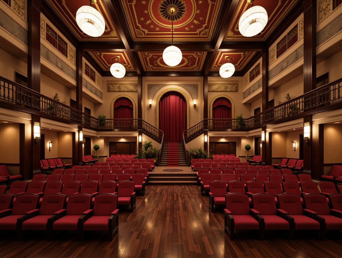 Prompt: Elegant auditorium, transitional style design, plush red velvet seats, curved rows, polished wooden floors, ornate golden details, high ceilings, dramatic chandeliers, soft warm lighting, shallow depth of field, 2/3 composition, symmetrical balance, luxurious fabrics, tufted upholstery, stately columns, intricate moldings, subtle color palette, sophisticated ambiance, grand entranceways, sweeping staircases, refined architectural elements, classic proportions, harmonious blending of old and new.