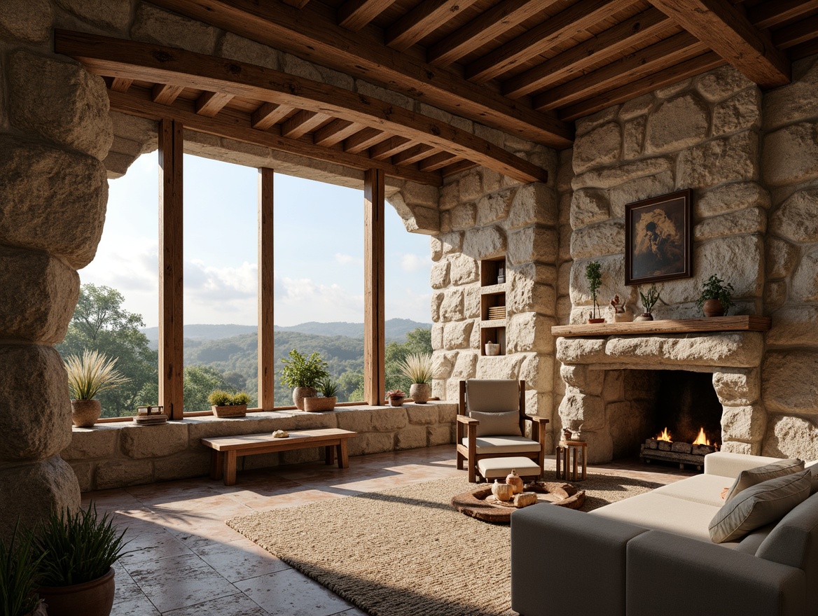 Prompt: Rustic stone walls, natural rock formations, earthy tones, organic textures, wooden accents, vintage furniture, cozy atmosphere, soft warm lighting, shallow depth of field, 3/4 composition, panoramic view, realistic textures, ambient occlusion, distressed finishes, reclaimed wood, exposed beams, industrial chic, urban loft, modern farmhouse, scenic views, serene landscape, misty morning.