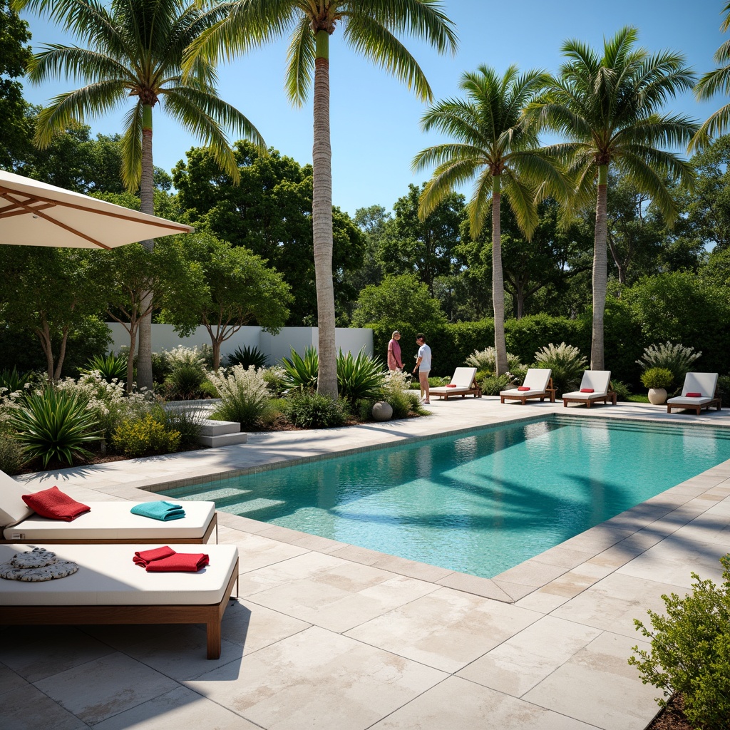 Prompt: Luxurious poolside, sun-kissed decking, smooth concrete pavers, turquoise water, sparkling fountains, lush greenery, palm trees, comfortable lounge chairs, vibrant-colored towels, natural stone coping, glass tile mosaics, metallic accents, subtle LED lighting, shallow depth of field, 1/1 composition, realistic textures, ambient occlusion.