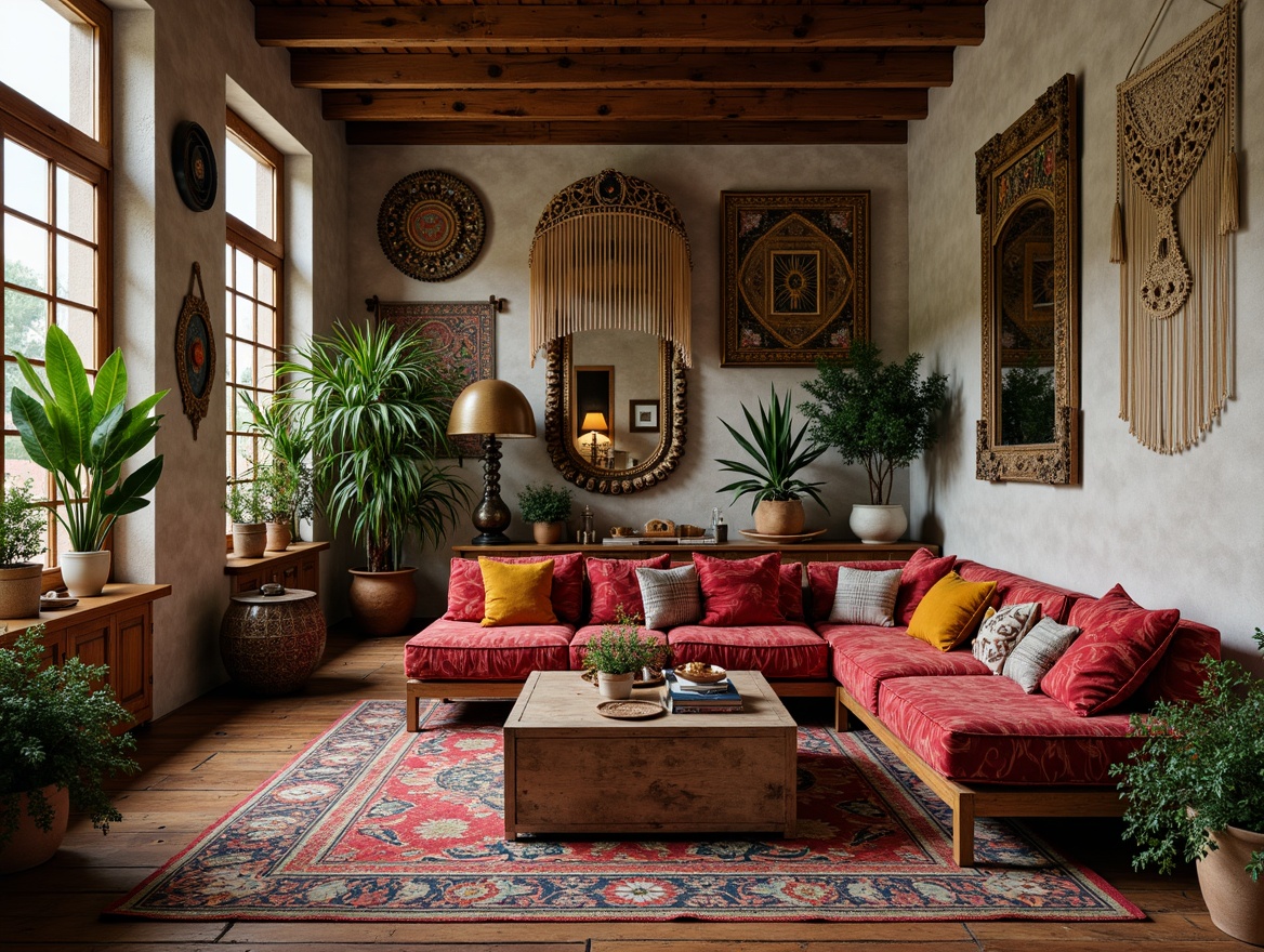 Prompt: Vibrant eclectic living room, rich velvet fabrics, bold geometric patterns, vintage Moroccan tiles, distressed wooden furniture, antique ornate mirrors, lush green plants, macrame wall hangings, colorful woven baskets, abstract artwork, mixed metallic accents, industrial chic lighting, reclaimed wood flooring, natural stone walls, bohemian-inspired textiles, global cultural influences, eclectic layering, warm atmospheric lighting, shallow depth of field, 1/2 composition, realistic textures.