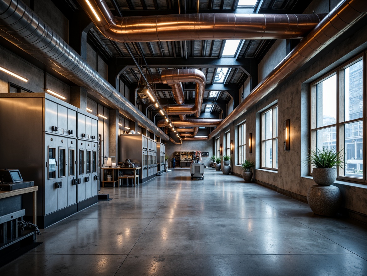 Prompt: Industrial factory interior, metallic finishes, polished steel beams, exposed ductwork, concrete floors, modern futuristic aesthetic, sleek machinery, neon-lit control panels, minimalist decor, industrial-chic lighting fixtures, distressed metal accents, copper piping, brushed aluminum surfaces, geometric patterns, high-contrast color scheme, dramatic shadows, 1/1 composition, low-key lighting, ambient occlusion.