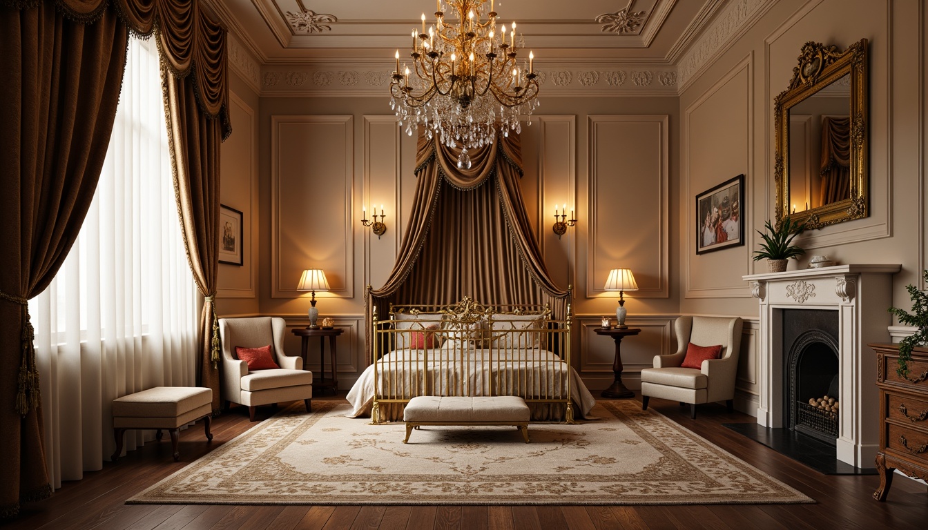 Prompt: Richly ornamented crib, lavish drapery, velvet upholstery, golden accents, crystal chandelier, soft warm glow, candelabra lighting, delicate lace trim, intricate carvings, ornate mirrors, plush area rug, luxurious fabrics, dramatic ceiling treatment, Renaissance-inspired motifs, warm beige walls, creamy whites, subtle sheen, layered window treatments, opulent textures, 1/2 composition, intimate ambiance, warm color palette.